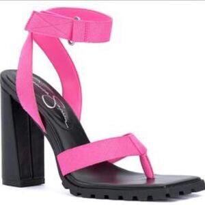 JESSICA SIMPSON KILENE NEON PINK BLOCK HEEL LUG SOLE SANDAL